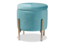 Load image into Gallery viewer, Baxton Studio Malina Contemporary Glam and Luxe Sky Blue Velvet Fabric Upholstered and Gold Finished Metal Storage Ottoman
