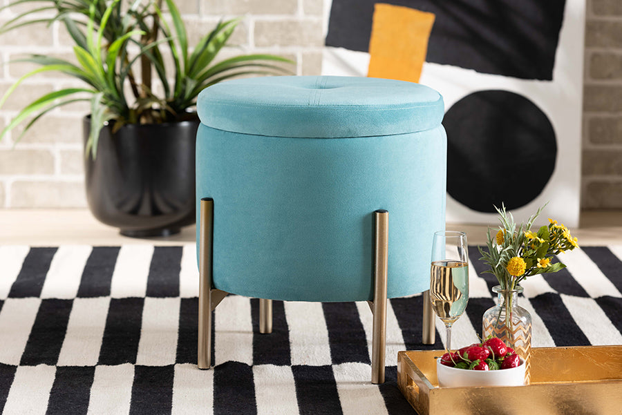 Baxton Studio Malina Contemporary Glam and Luxe Sky Blue Velvet Fabric Upholstered and Gold Finished Metal Storage Ottoman