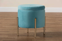 Load image into Gallery viewer, Baxton Studio Malina Contemporary Glam and Luxe Sky Blue Velvet Fabric Upholstered and Gold Finished Metal Storage Ottoman
