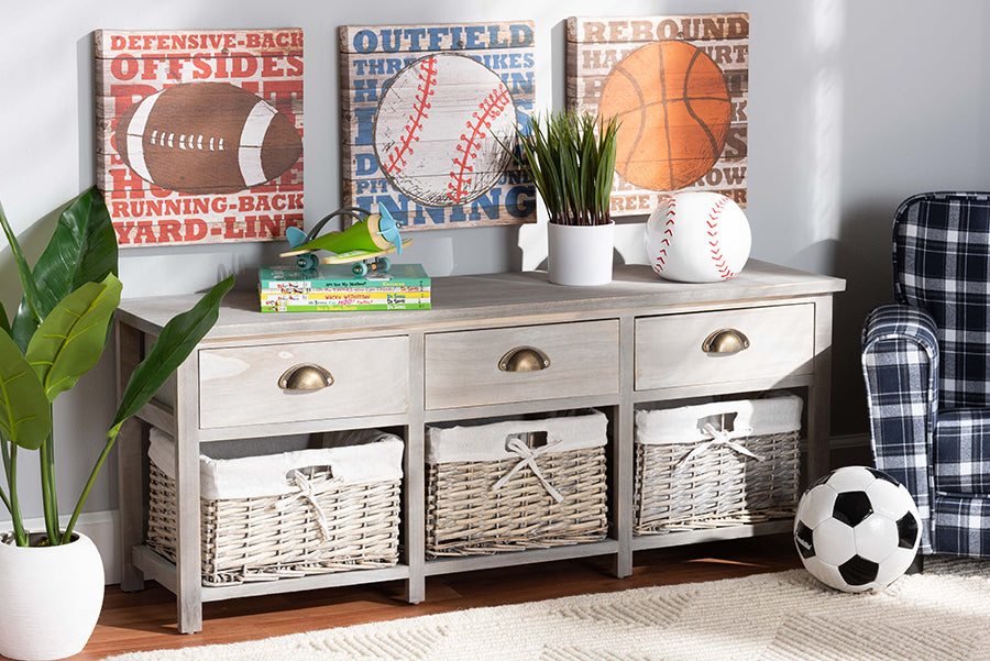 Baxton Studio Mabyn Modern and Contemporary Light Grey Finished Wood 3-Drawer Storage Bench with Baskets