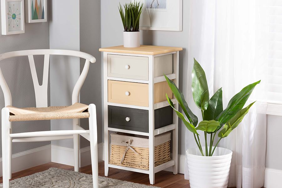 Baxton Studio Adonis Mid-Century Modern Transitional Multi-Colored Wood 3-Drawer Storage Unit with Basket