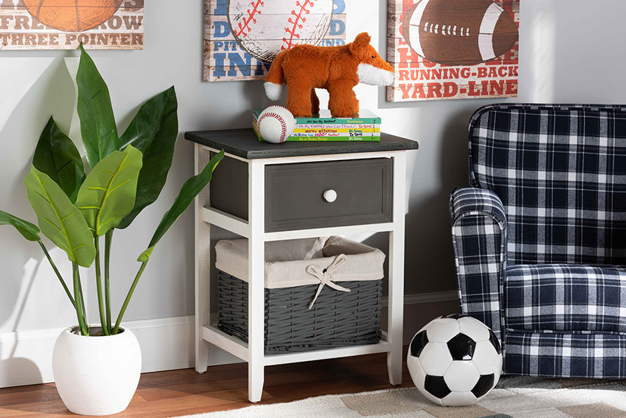 Baxton Studio Shadell Modern Transitional Two-Tone Dark Grey and White Finished Wood 1-Drawer Storage Unit with Basket