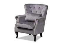 Load image into Gallery viewer, Baxton Studio Fletcher Classic and Traditional Grey Velvet Fabric Upholstered and Dark Brown Finished Wood Armchair
