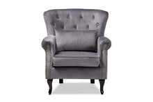 Load image into Gallery viewer, Baxton Studio Fletcher Classic and Traditional Grey Velvet Fabric Upholstered and Dark Brown Finished Wood Armchair
