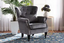Load image into Gallery viewer, Baxton Studio Fletcher Classic and Traditional Grey Velvet Fabric Upholstered and Dark Brown Finished Wood Armchair
