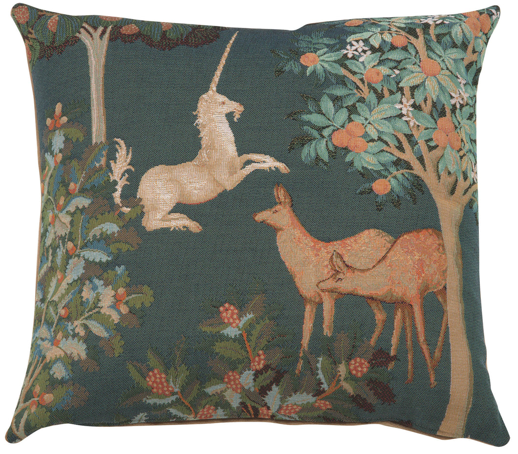 Unicorn and Does Forest Blue French Cushion