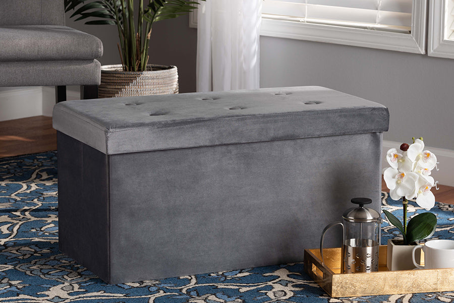 Baxton Studio Castel Modern and Contemporary Charcoal Velvet Fabric Upholstered Wood Storage Ottoman