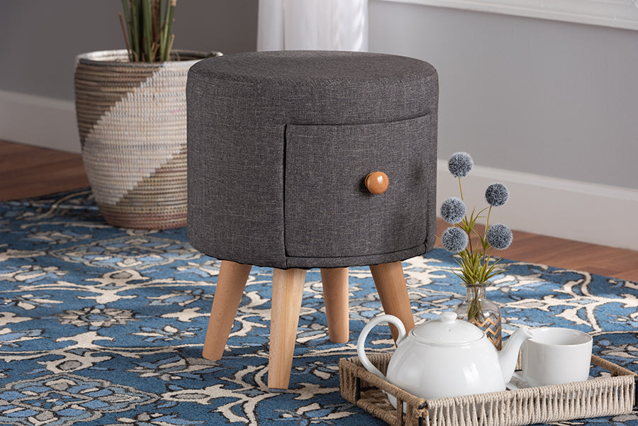 Baxton Studio Rocco Modern Transitional Dark Grey Fabric Upholstered and Oak Brown Finished Wood 1-Drawer Ottoman Stool