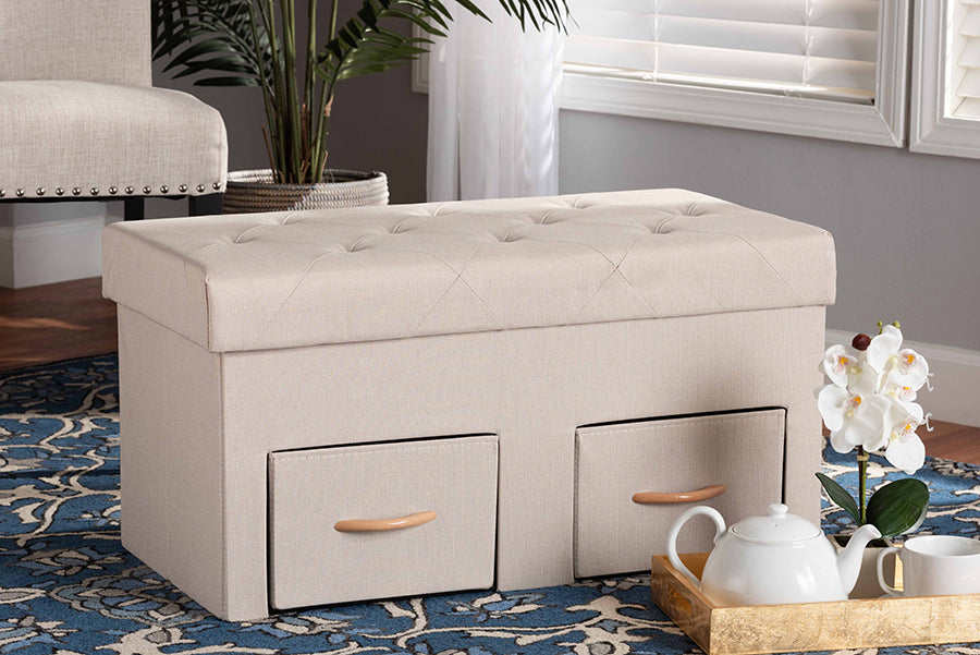 Baxton Studio Gerwin Modern and Contemporary Beige Fabric Upholstered and Oak Brown Finished Wood 2-Drawer Storage Ottoman