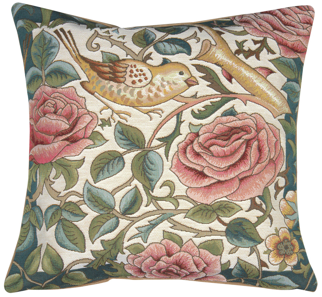 Zoom Bird and Roses White French Cushion