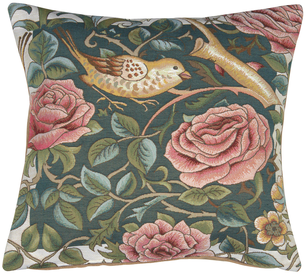 Zoom Bird and Roses Blue French Cushion