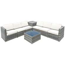Load image into Gallery viewer, 8 Piece Wicker Sofa Rattan Dinning Set Patio Furniture with Storage Table-White
