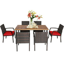 Load image into Gallery viewer, 7Pcs Patio Rattan Cushioned Dining Set with Umbrella Hole-Red
