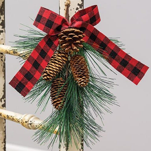 Hanging Pine Spray w/ Buffalo Check Bow  (Pack of 4)