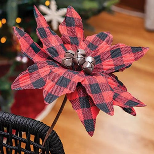 Buffalo Check Jingle Bell Poinsetta Stem 9.5