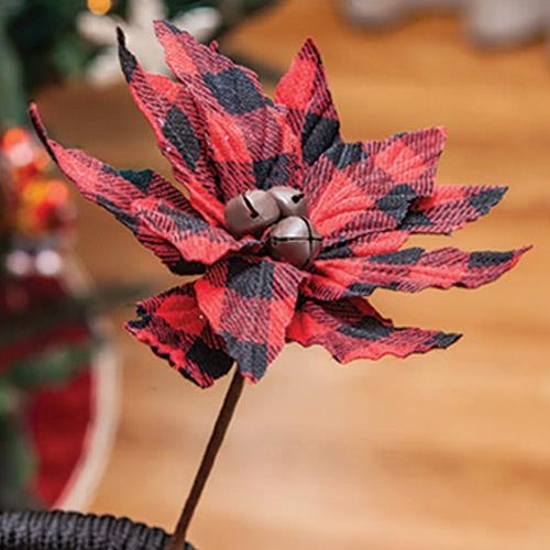 Buffalo Check Jingle Bell Poinsetta Stem 7