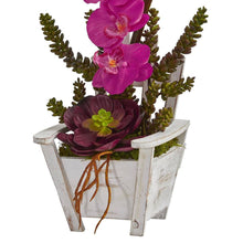 Load image into Gallery viewer, Phalaenopsis Orchid &amp; Succulent Artificial Arrangement in Chair Planter
