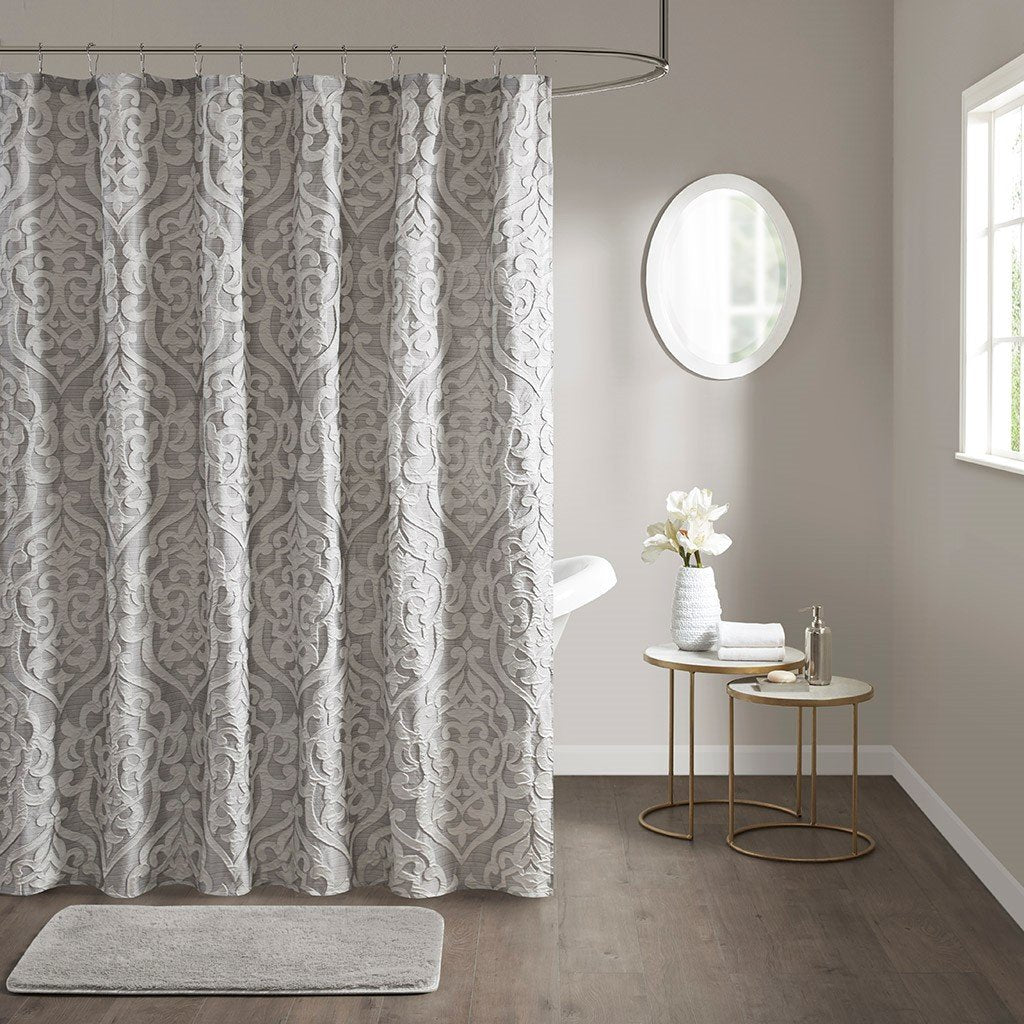 Madison Park Odette 100% Polyester Jacquard Shower Curtain- Silver MP70-6875 By Olliix