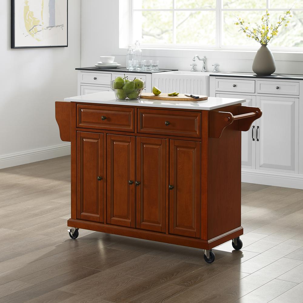 Full Size Stone Top Kitchen Cart Cherry/White