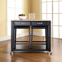 Load image into Gallery viewer, Wood Top Kitchen Prep Cart W/Uph Saddle Stools Black/Natural - Kitchen Island &amp; 2 Counter Stools
