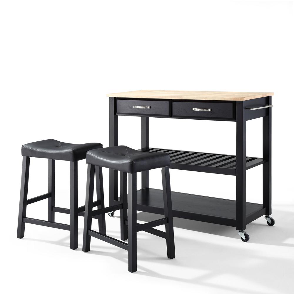 Wood Top Kitchen Prep Cart W/Uph Saddle Stools Black/Natural - Kitchen Island & 2 Counter Stools