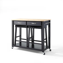 Load image into Gallery viewer, Wood Top Kitchen Prep Cart W/Uph Saddle Stools Black/Natural - Kitchen Island &amp; 2 Counter Stools
