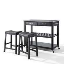 Load image into Gallery viewer, Granite Top Kitchen Prep Cart W/Uph Saddle Stools Black/Gray - Kitchen Island &amp; 2 Counter Stools
