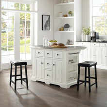 Load image into Gallery viewer, Julia Stainless Steel Top Island W/Uph Saddle Stools White/Black - Kitchen Island, 2 Counter Height Bar Stools
