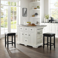 Load image into Gallery viewer, Julia Stainless Steel Top Island W/Uph Square Stools White/Black - Kitchen Island, 2 Counter Height Bar Stools
