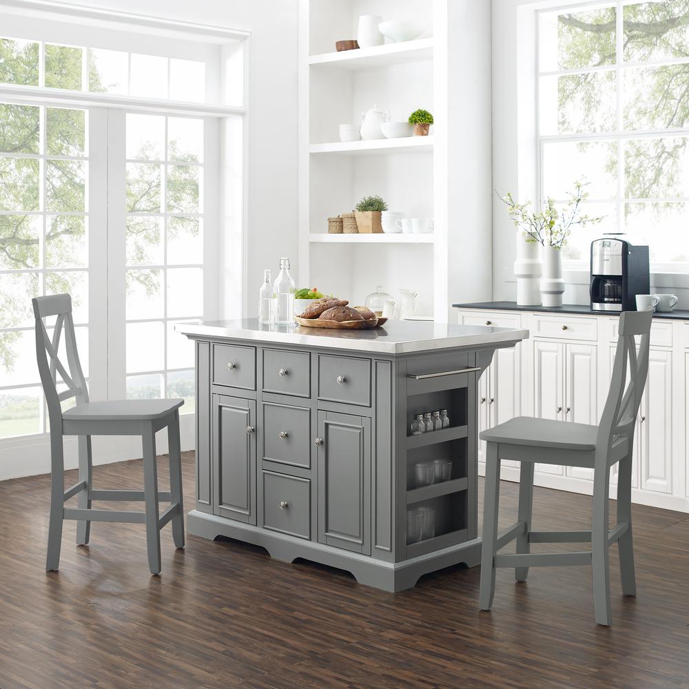 Julia Stainless Steel Top Island W/X-Back Stools Gray/Gray - Island & 2 Stools