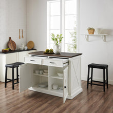 Load image into Gallery viewer, Clifton Kitchen Island W/Uph Saddle Stools Distressed White/Black - Kitchen Island &amp; 2 Stools
