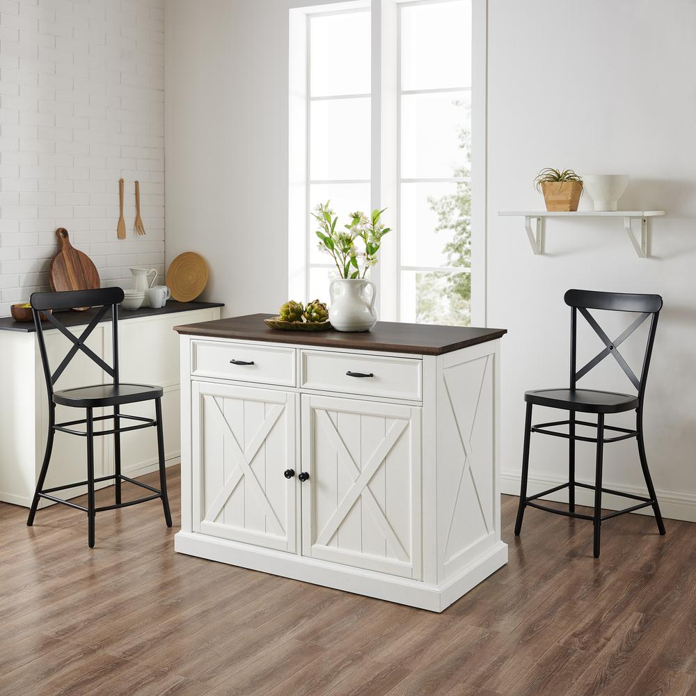 Clifton Kitchen Island W/Camille Stools Distressed White/Black - Kitchen Island & 2 Stools