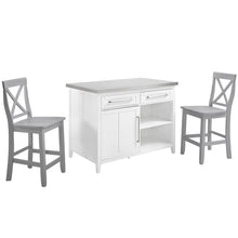 Load image into Gallery viewer, Silvia Stainless Steel Top Kitchen Island W/X-Back Stools White/Gray - Kitchen Island &amp; 2 Stools
