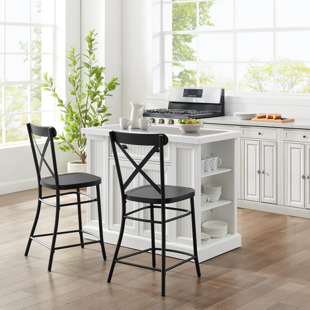 Seaside Island W/ Camille Counter Stools Distressed White/Matte Black - Island & 2 Stools
