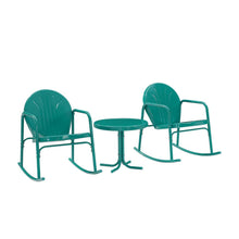 Load image into Gallery viewer, Griffith 3Pc Outdoor Metal Rocking Chair Set Turquoise Gloss - Side Table &amp; 2 Rocking Chairs
