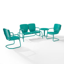 Load image into Gallery viewer, Ridgeland 4Pc Outdoor Metal Conversation Set Turquoise Gloss - Loveseat Glider, Side Table, &amp; 2 Armchairs
