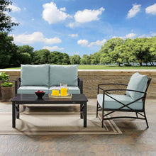 Load image into Gallery viewer, Kaplan 3Pc Outdoor Metal Conversation Set Mist/Oil Rubbed Bronze - Loveseat, Chair, &amp; Coffee Table
