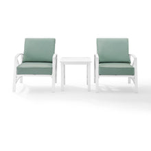 Load image into Gallery viewer, Kaplan 3Pc Outdoor Metal Armchair Set Mist/White - Side Table &amp; 2 Chairs
