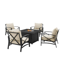 Load image into Gallery viewer, Kaplan 5Pc Outdoor Metal Conversation Set W/Fire Table Oatmeal/Oil Rubbed Bronze - Dante Fire Table &amp; 4 Arm Chairs
