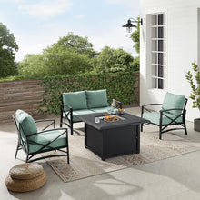 Load image into Gallery viewer, Kaplan 4Pc Outdoor Metal Conversation Set W/Fire Table Mist/Oil Rubbed Bronze - Loveseat, Dante Fire Table, &amp; 2 Arm Chairs
