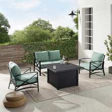 Load image into Gallery viewer, Kaplan 4Pc Outdoor Metal Conversation Set W/Fire Table Mist/Oil Rubbed Bronze - Loveseat, Dante Fire Table, &amp; 2 Arm Chairs
