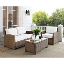 Load image into Gallery viewer, Bradenton 3Pc Outdoor Conversation Set - Sunbrella White/Weathered Brown - Loveseat, Arm Chair, &amp; Coffee Table
