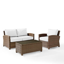 Load image into Gallery viewer, Bradenton 3Pc Outdoor Conversation Set - Sunbrella White/Weathered Brown - Loveseat, Arm Chair, &amp; Coffee Table
