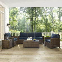 Load image into Gallery viewer, Bradenton 5Pc Outdoor Wicker Sofa Set Navy/Weathered Brown - Sofa, Side Table, Coffee Table, &amp; 2 Armchairs
