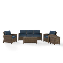 Load image into Gallery viewer, Bradenton 5Pc Outdoor Wicker Sofa Set Navy/Weathered Brown - Sofa, Side Table, Coffee Table, &amp; 2 Armchairs
