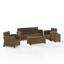 Load image into Gallery viewer, Bradenton 5Pc Outdoor Wicker Sofa Set - Sunbrella White/ Weathered Brown - Sofa, Side Table, Coffee Table, &amp; 2 Armchairs
