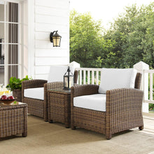 Load image into Gallery viewer, Bradenton 3Pc Outdoor Wicker Armchair Set - Sunbrella White/Weathered Brown - Side Table &amp; 2 Armchairs
