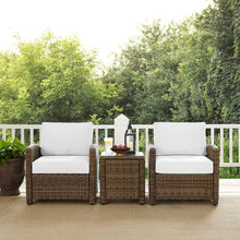 Load image into Gallery viewer, Bradenton 3Pc Outdoor Wicker Armchair Set - Sunbrella White/Weathered Brown - Side Table &amp; 2 Armchairs
