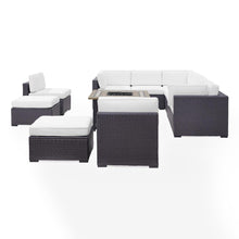 Load image into Gallery viewer, Biscayne 8Pc Outdoor Wicker Sectional Set W/Fire Table White/Brown - 3 Loveseats, 2 Armless Chairs, 2 Ottomans, &amp; Tucson Fire Table
