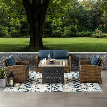 Load image into Gallery viewer, Bradenton 4Pc Outdoor Wicker Conversation Set W/Fire Table Weathered Brown/Navy - Loveseat, Tucson Fire Table, &amp; 2 Arm Chairs
